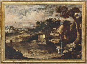 A Mountainous Wooded Landscape With Androclus And The Lion by Antonio Maria Marini