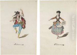 Three Pairs Of Designs For Theatrical Costumes: Pandurro And Pandurra; Spagnuolo And Spagnuola; And Provenzale And Provenzala by Leonardo Marini