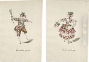 Two Pairs Of Designs For Theatrical Costumes: Vendemiatori And Vendemiatrici; And Boemo Primo Ballerino And Boema by Leonardo Marini