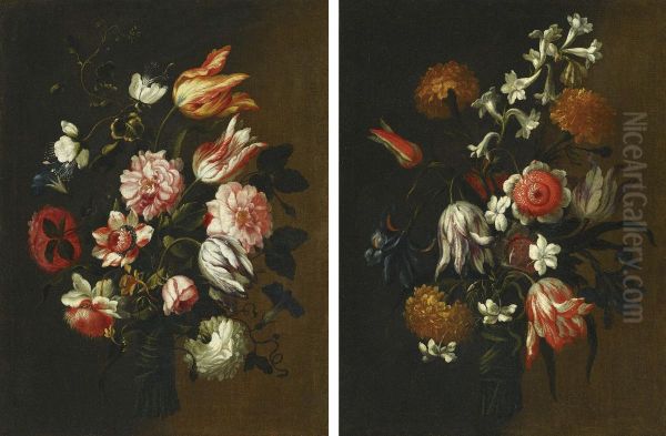 Two Still Lifes With Tulips, Roses And Other Flowers Tied In Bunches - view 1