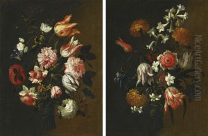 Two Still Lifes With Tulips, Roses And Other Flowers Tied In Bunches by Mario Nuzzi Mario Dei Fiori