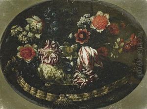 Tulips, Dahlias, Narcissi And Other Flowers Ina Classical Urn On A Velvet Fringed Cushion