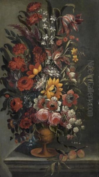 Bouquet De Fleurs Pose Sur Un Entablement Pres D'une Branche D'abricotier - view 1