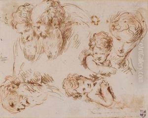 Differentes Etudes De Tetes Dont Trois Vieillards, Deux Enfants Et Une Femme - view 1
