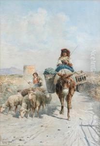 Peasants With Their Flock Of Sheep On Acountry Path by Leopoldo Mariotti