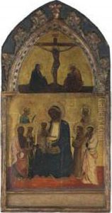 The Madonna And Child Surrounded By Saints John The Baptist, Catherine Of Alexandria, Francis Of Assisi And Bartholomew And Other Saints, With The Crucifixion