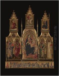 Madonna Col Bambino In Trono E Angeli, San Giacomo Maggiore, San Giovanni Battista, Sant'andrea E San Bernardo; Re David, Mose; Annunciazione, Cristo Benedicente; Donatore, Bernardo Di Tommaso Serristori, Decapitazione Di San Giacomo, Battesimo Di Cris by Mariotto Di Nardo