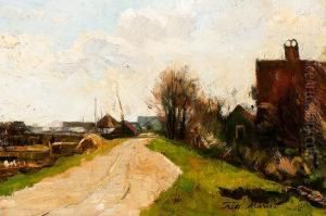 Road On A Dike With Farms