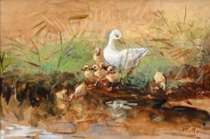 A Family Of Ducks By The Water's Edge by Willem Maris