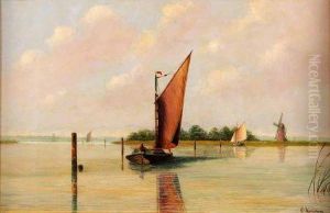 Broadland Landscape With Sailing Boats And Windmill by William Marjoram