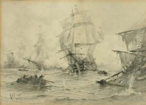 Three Masted Frigates At War by Albert Ernest Markes