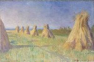 Bright Harvest Landscape With Cornstacks In Foreground by Constance Markievicz