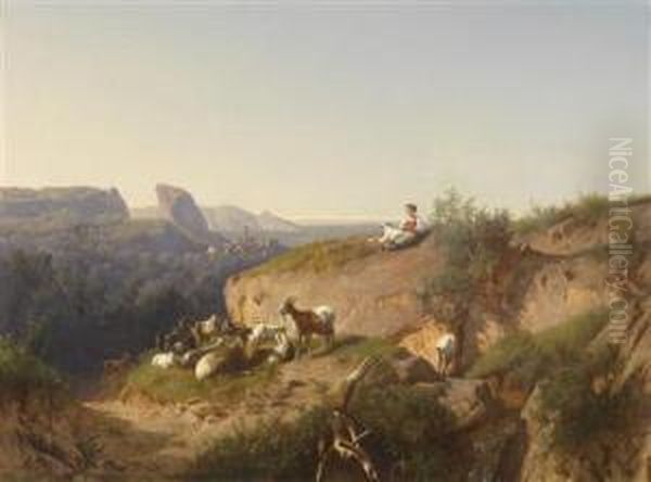 Female Goatsheperd With Her Herd Set In An Italian Landscape - view 1