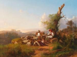 Rastende Hirtenfamiliein Der Campagna Umgeben Von Ihrer Schafherde by Andreas Marko