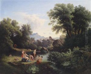 Bathers By A Woodland Pool by Karoly Marko