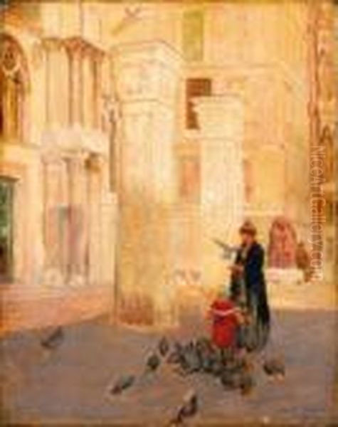 Mere Et Son Enfant Nourrissant Les Pigeons A Venise - view 1
