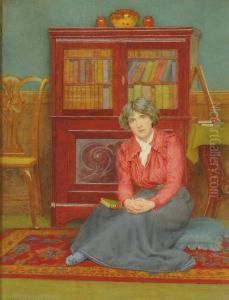 A Lady, Seated Small Full-length, With A Book On Her Lap In An Interior by George Marks