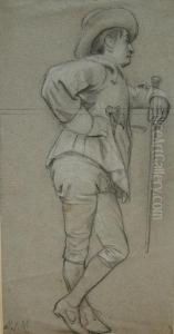 Study Of A Man Standing Full-length Leaning On A Fence