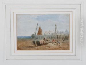 Three Figures Hauling A Sail Pole On A Shoreline
