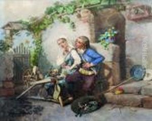 Scene De Genre Sous Une Treille. by Ferdinand Marohn