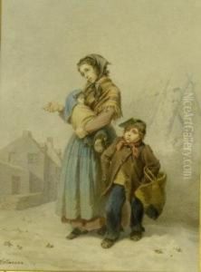 Mother And Child In A Street On A Winter's Day by Ferdinand Marohn