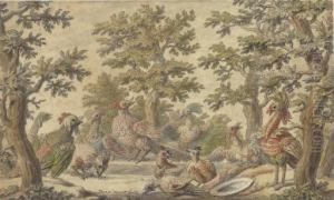 Fantastic Birds Frolicking In A Wooded Landscape by Daniel the Elder Marot