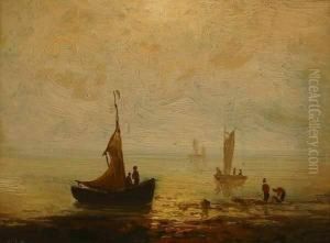 Sailboats At Slack Tide - "san Francisco Bay Morning" Inscribed Verso by William Lewis Marple