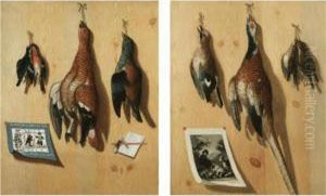 A Pair Of Still Lifes; A Hen Pheasant, Finches And A Jay Hanging From A Wooden Backdrop With A Bavarian Game Card, A Penknife And A Letter; A Cock Pheasant, Songbirds And A Jay Hanging From A Wooden Backdrop With A Print Of A Sportsman With Game A Pair Of Still Lifes; A Hen Pheasant, Finches And A Jay Hanging From A Wooden Backdrop With A Bavarian Game Card, A Penknife And A Letter; A Cock Pheasant, Songbirds And A Jay Hanging From A Wooden Backdrop With A Print Of A Sportsman With Game