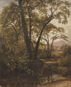 Wooded River Landscape With Ducks by James Richard Marquis
