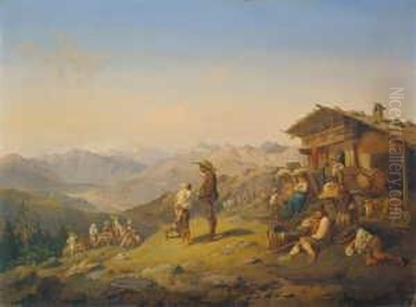Touristen Auf Der Alm. Signiert Unten Links: H. Marr. Ol Auf Leinwand. H 51,5; B 70 Cm. Zu Diesem Bild Passt Die Aussage Des Lexikons Der "munchner Maler Im 19. Jahrhundert": "heinrich Burkel Blieb Nicht Ohne Einflus Auf Ihn, Jedoch Pointierte H. Marr - view 1