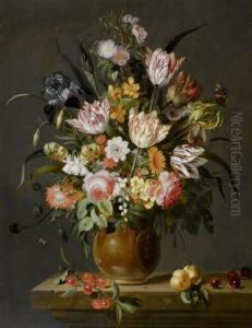 Bouquet Of Flowers In A Clay Vase With Cherries And Apricots On A Console by Jacob Marrel