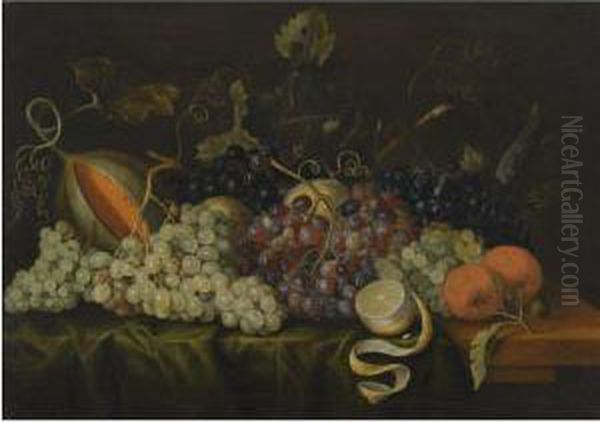 Still Life With Red, Black And Green Grapes On The Vine, Togetherwith Oranges, A Partly-peeled Lemon And A Melon On A Drapedtable-top - view 1