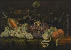 Still Life With Red, Black And Green Grapes On The Vine, Togetherwith Oranges, A Partly-peeled Lemon And A Melon On A Drapedtable-top by Jacob Marrel