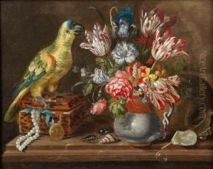 Still Life Of A Parrot Standing On A Tortoiseshell Jewel Box On A Ledge Beside A Vase Of Tulips And Other Flowers, With A Skull, Sea Shells, Beetles And Soap Bubbles Nearby by Jacob Marrel
