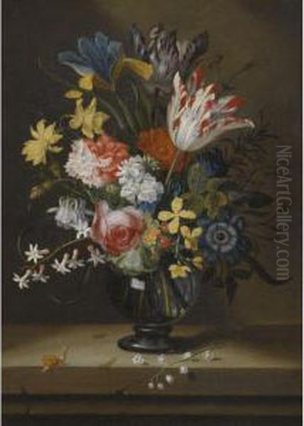 Flowers In A Glass Vase On A Stone Shelf - view 1