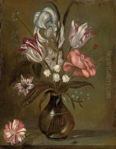 Parrot Tulips, A Rose, Irises And Other Flowers In A Glass Vase On A Stone Ledge by Jacob Marrel
