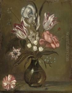 Parrot Tulips, A Rose, Irises And Other Flowers In A Glass Vase Ona Stone Ledge by Jacob Marrel