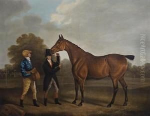 Portrait Of A Race Horse With Jockey And Trainer by Benjamin Marshall
