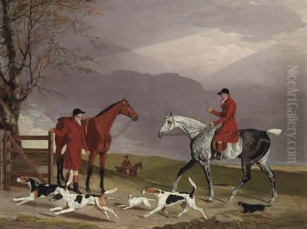 Oldaker On A Grey Hunter, With Other Huntsmen, Hounds Andterriers, In A Landscape - view 1