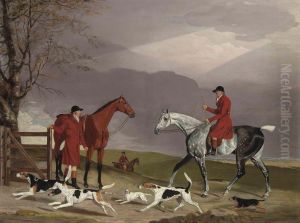 Oldaker On A Grey Hunter, With Other Huntsmen, Hounds Andterriers, In A Landscape by Benjamin Marshall