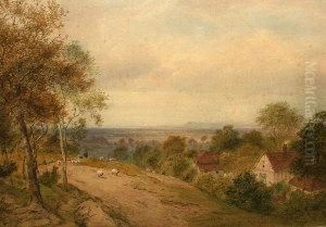 Cottage In A Hilly Landscape With Sheep by Charles Marshall