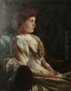Portrait Of A Lady Seated, Wearing A White Dress With A Flower Corsage, Holding A Fan by Charles Edward Marshall
