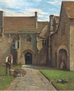 A Gardener And Maid In A Castle Courtyard by Charles Edward Marshall