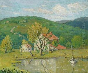 A Boat On An Inlet With A Farmhouse And Rolling Hills Beyond by Clark S. Marshall