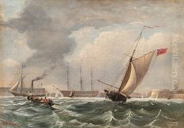 A Naval Cutter Emerging From Portsmouth With Anchored Men-o-war In The Harbour Beyond - view 1