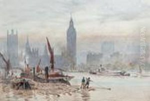 A Busy Thames Scene With Westminster In The Distance by Herbert Menzies Marshall