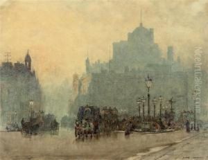 Omnibuses And Figures At Piccadilly Circus At Dusk by Herbert Menzies Marshall