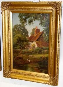 Cottage With Ducks On A Pond To Theforeground by John Fitz Marshall