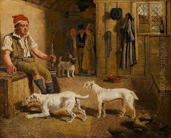 An Interior Scene With A Servant And Parson Jack Russell Hunt Terriers - view 1