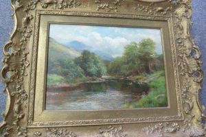 River Landscape With Distant Hills by R. Marshall